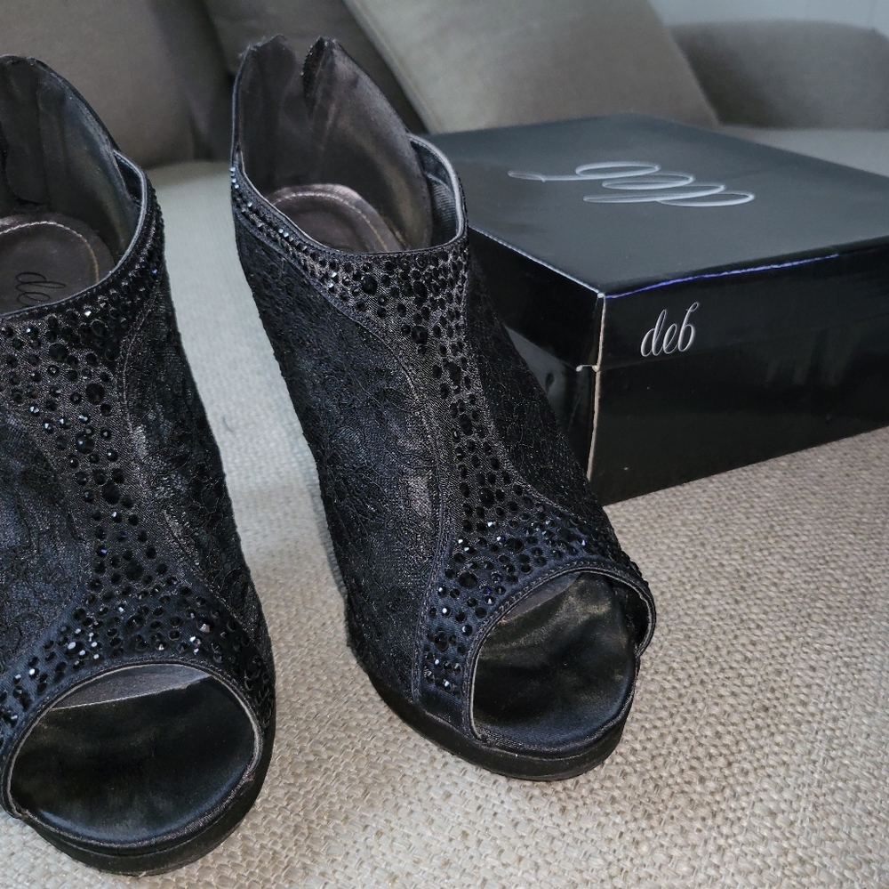 Peep toe black lace & rhinestone Bootie